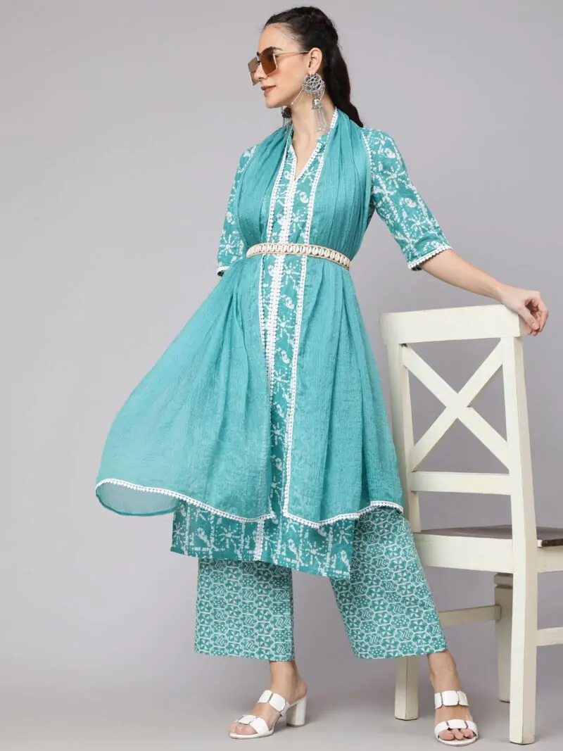 Blue Printed Lurex Kurta & Palazzo With Dupatta Set