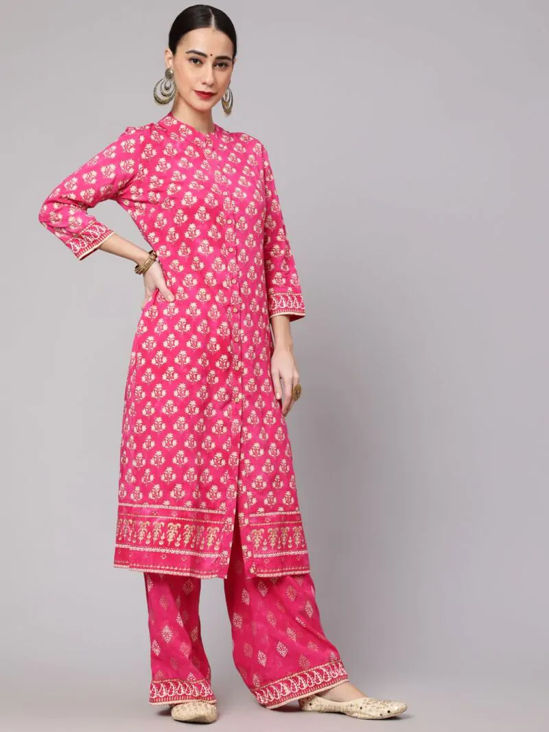 Pink Gold Printed Straight Kurta With Palazzo Set