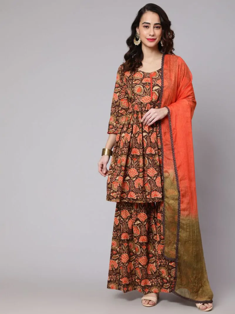Brown & Orange Floral Printed Gathered Kurta And Sharara With Dupatta Set