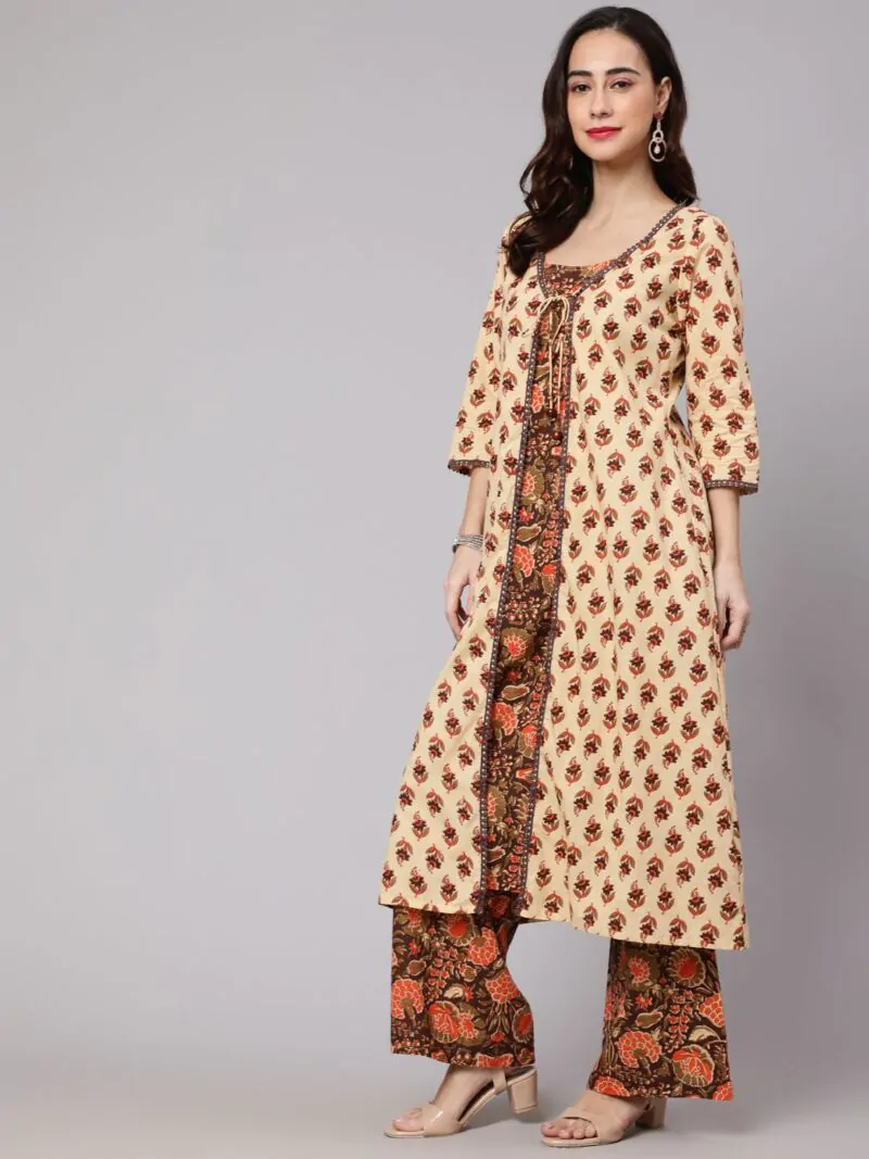 Brown & Orange Floral Printed Leyared A-Line Kurta With Palazzo Set