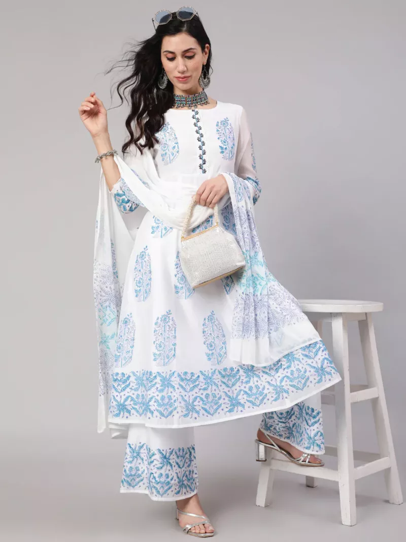 White & Blue Block Print Anarkali Palazzo With Dupatta