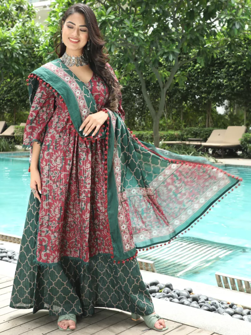 Maroon Floral Print Kurta Palazzo With Dupatta