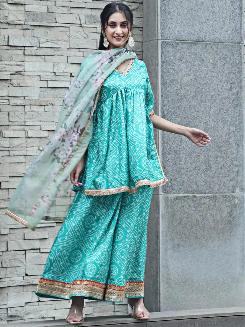 Green Bandhani Print Kurta Sharara With Dupatta