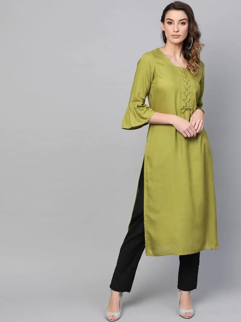 Lemon Green Straight Kurta With Flutter Sleeve