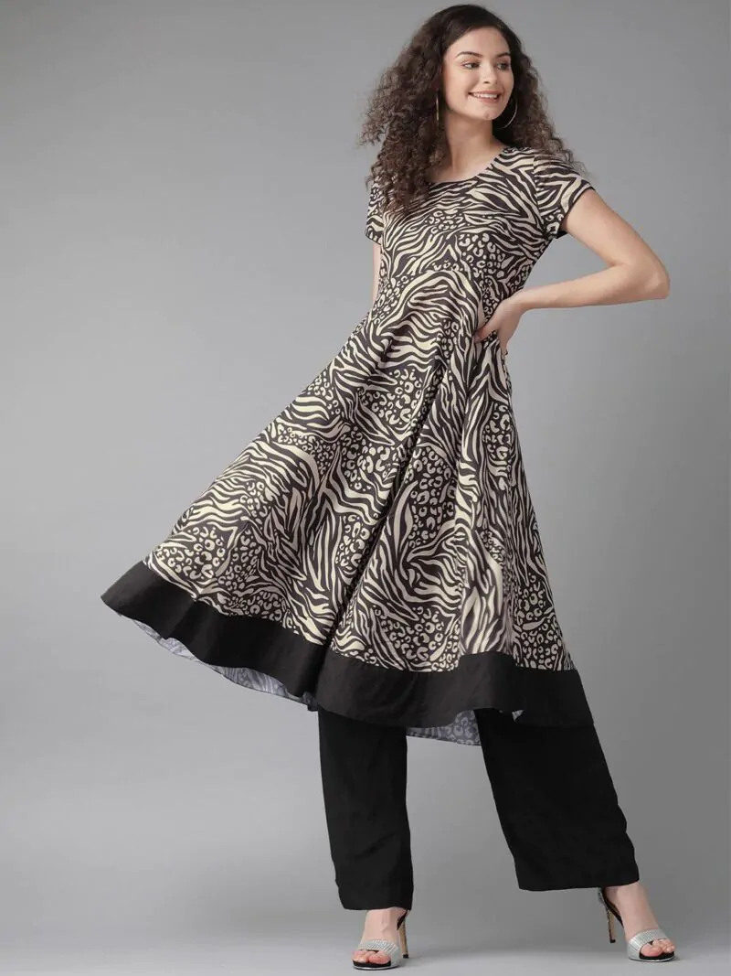 Women Beige & Black Printed A-Line Kurta