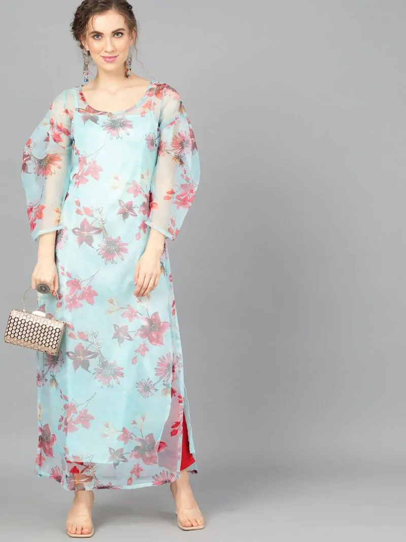 Turquoise Blue Organza Floral Printed Long Kurta