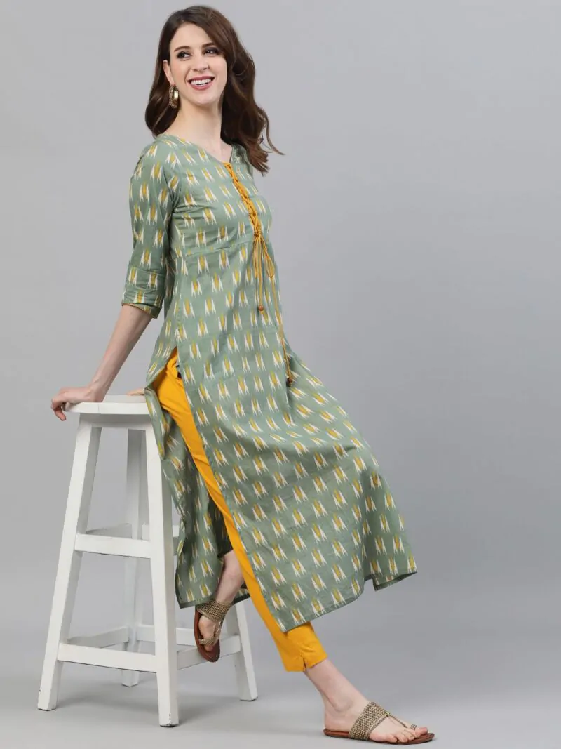 Green Ikat Printed Straight Kurta