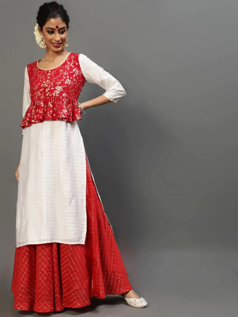 Red & White Gold Printed Kurta With Jacket