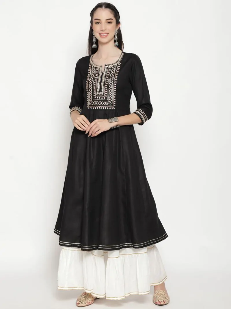 Black Embroidered Yoke Design Flared Anarkali