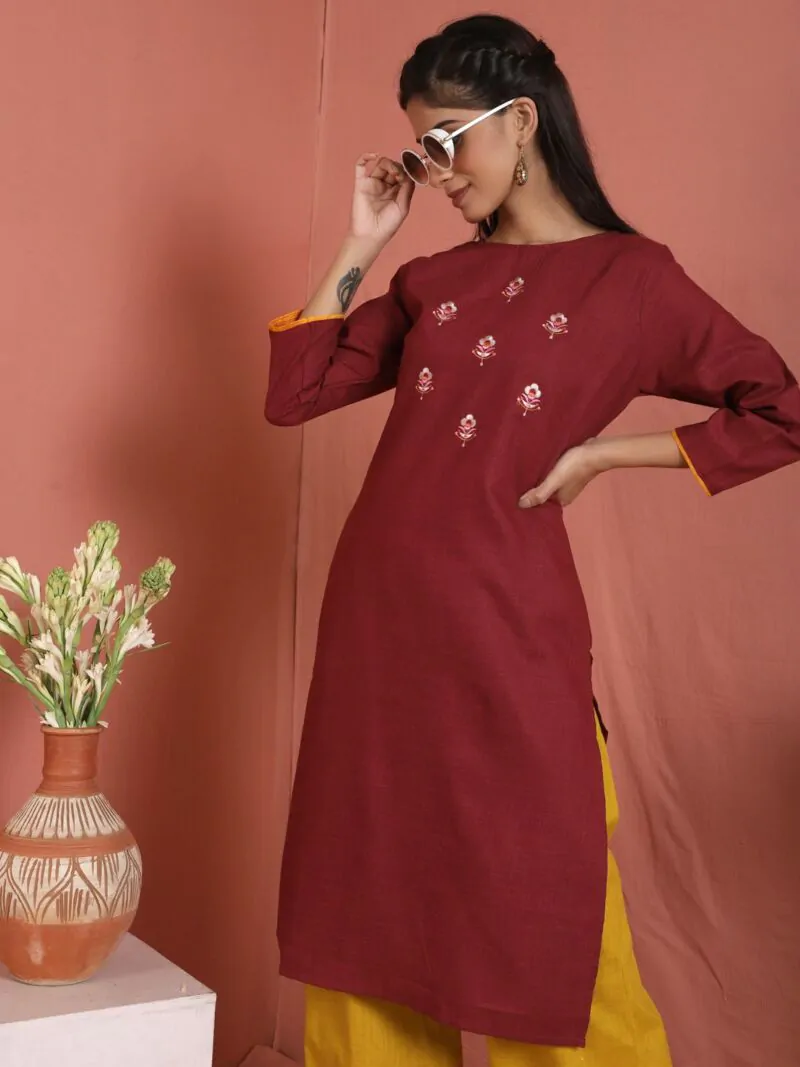Maroon Embroidered Straight Kurta