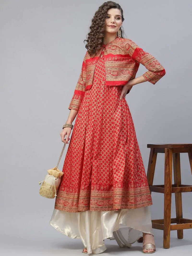 Red Gold Printed Anarkali With Jacket