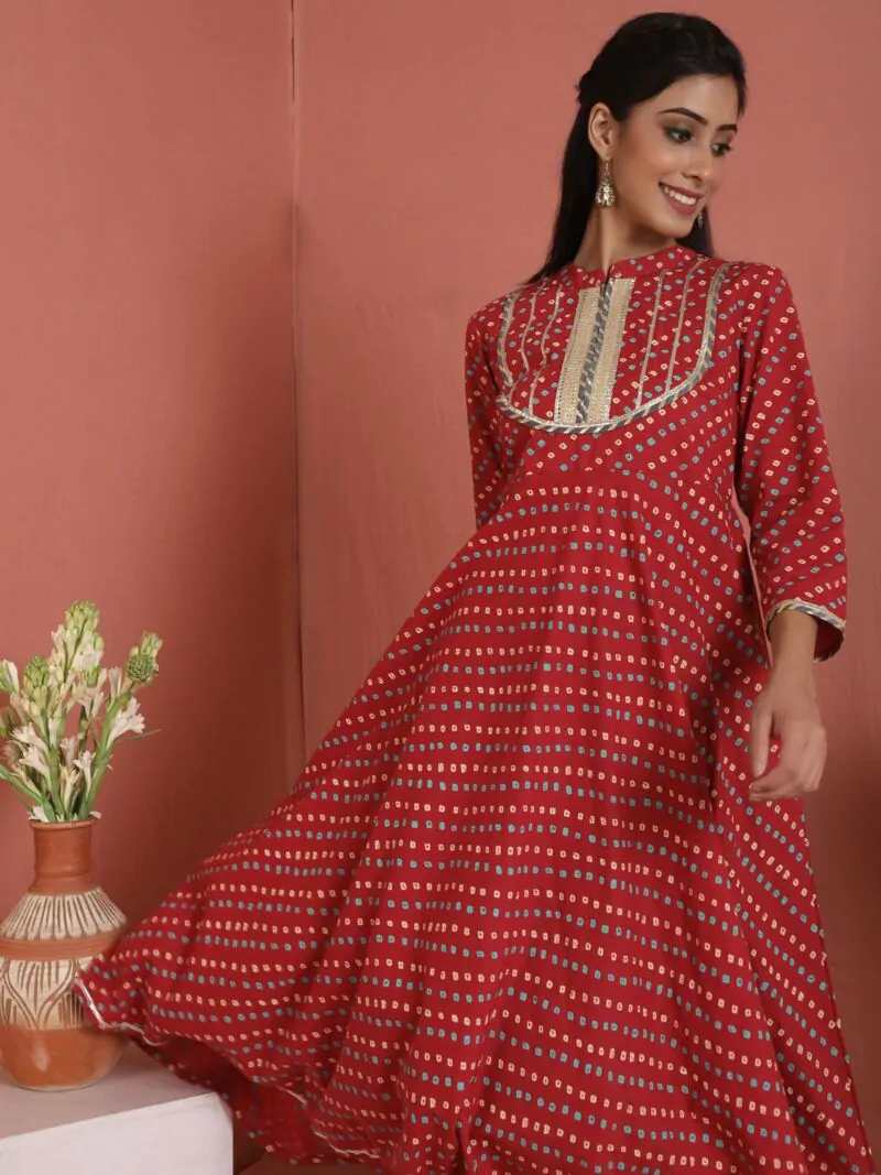 Red Bandhani Printed Lace Yoke Design Anarkali