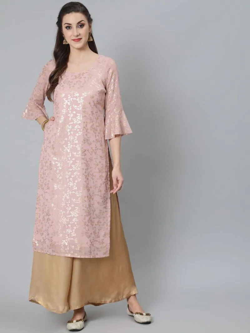 Pink Gold Foil Printed Straight Kurta With Flared Sleeve