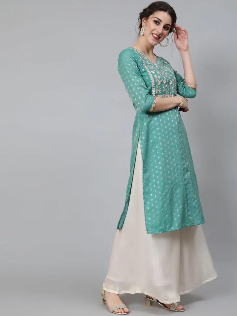 Green Dobby Woven Design With Embroidered Kurta