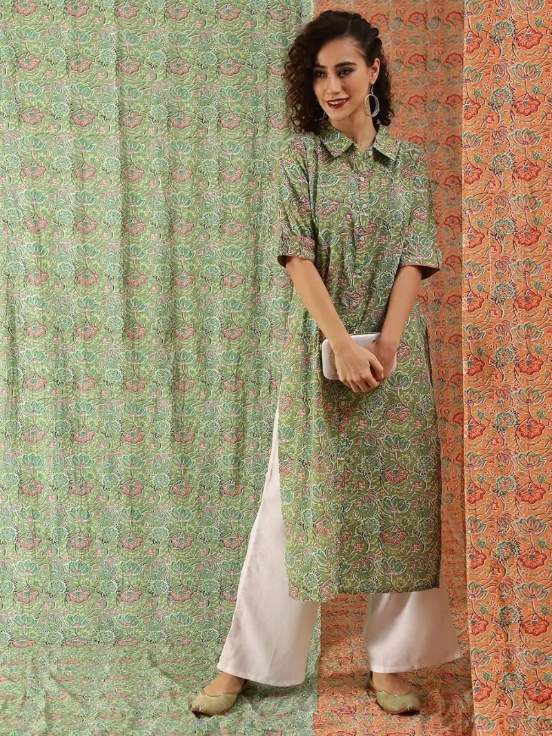 Green Floral Printed Botton Down Kurta