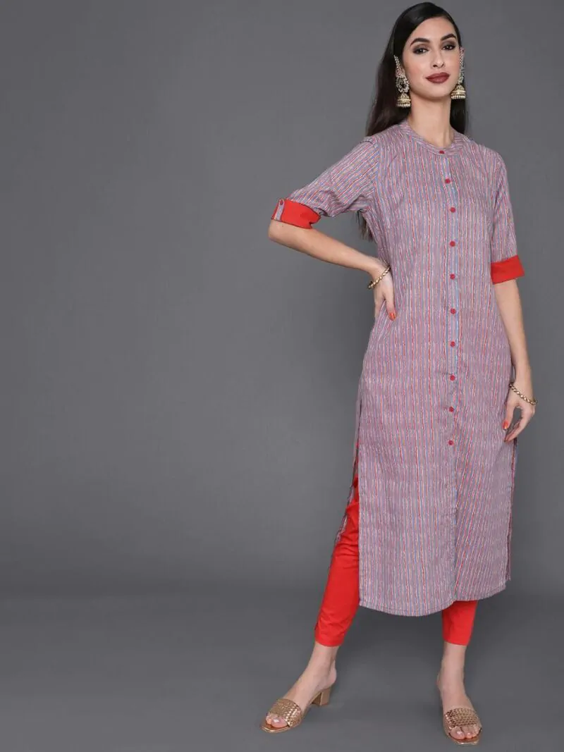 Red & Grey Striped Printed Straight Kurta