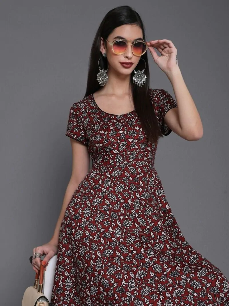 Maroon Floral Printed Flared Anarkali Kurta