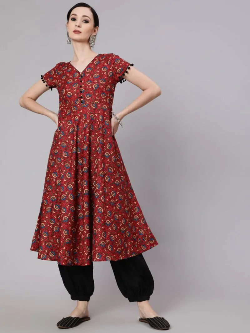 Maroon & Blue Floral Printed Anarkali