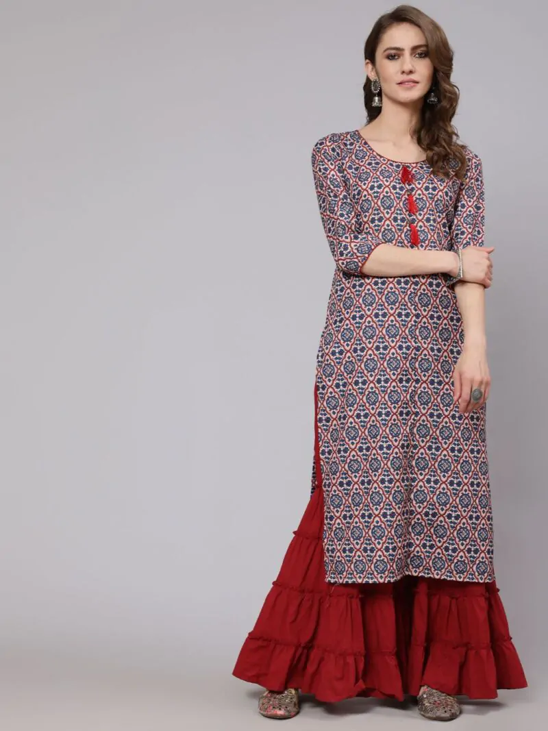 Blue & Maroon Printed Straight Kurta