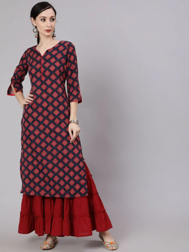 Maroon & Blue Printed Straight Kurta
