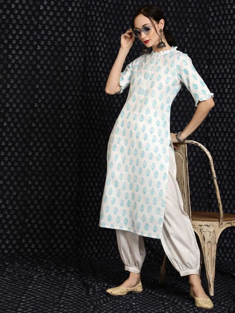 White & Blue Hand Block Printed Straight Kurta