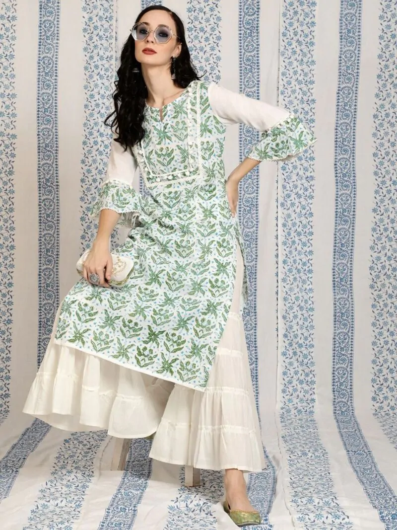 White & Green Hand Block Printed Straight Kurta