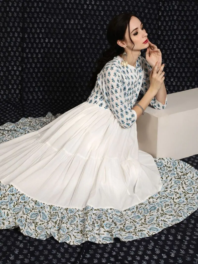 White & Blue Hand Block Printed Tiered Anarkali