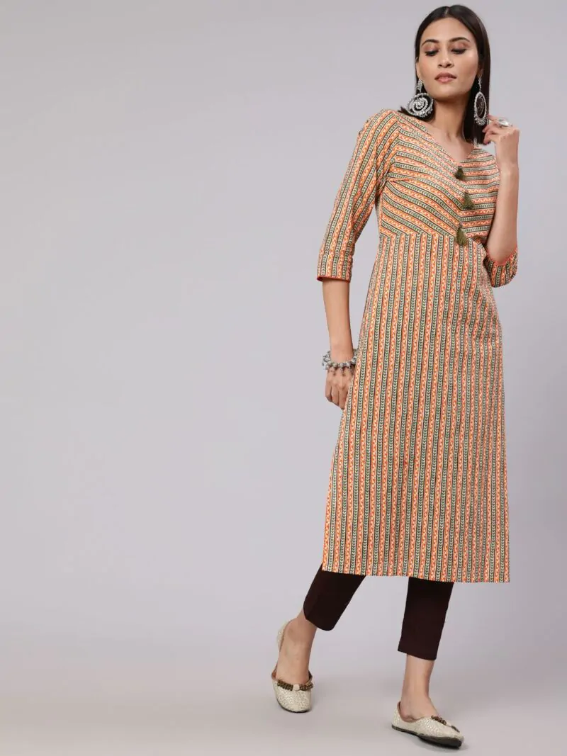 Orange Striped Printed Straight Kurta