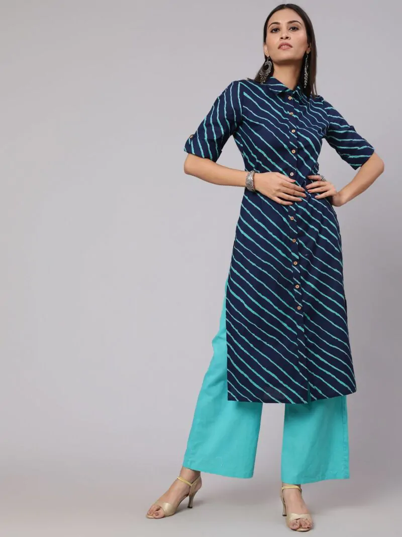 Blue Leheriya Printed Button Down Straight Kurta