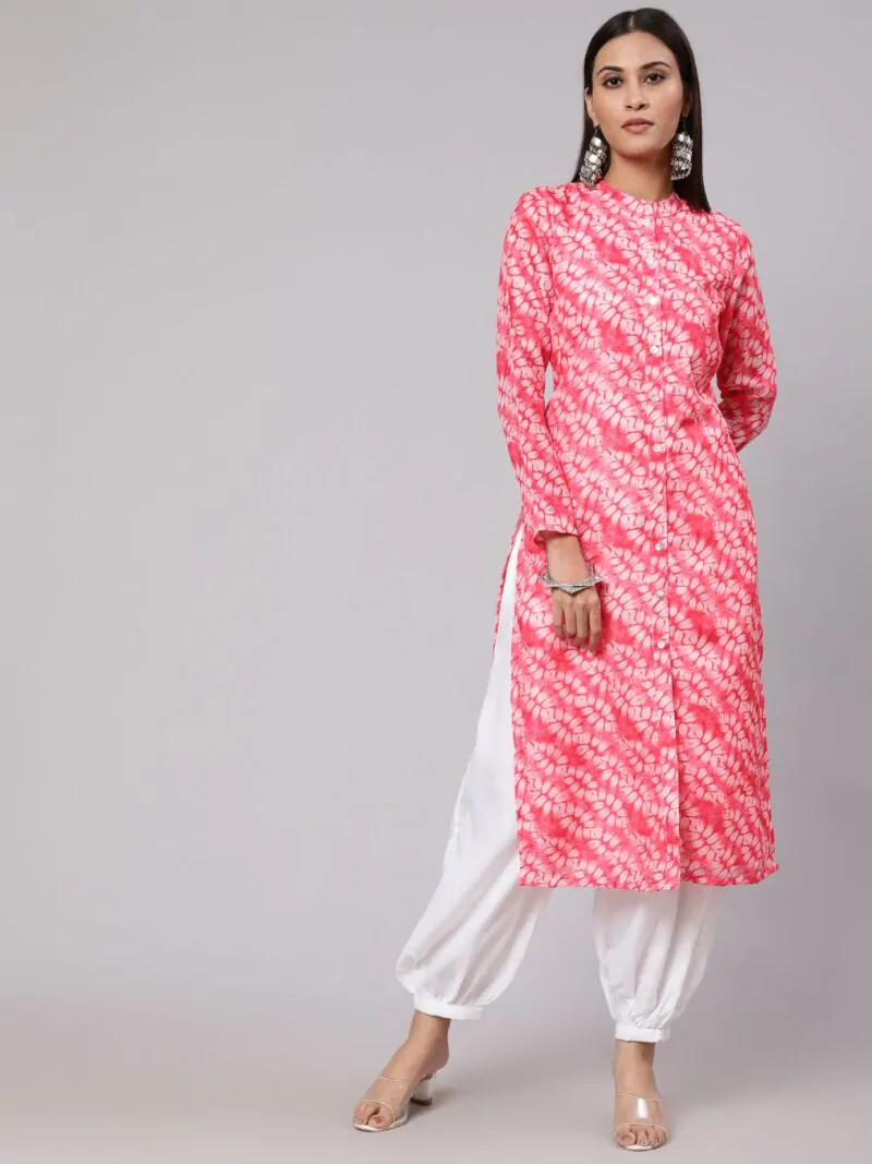 Pink & White Printed Button Down Straight Kurta