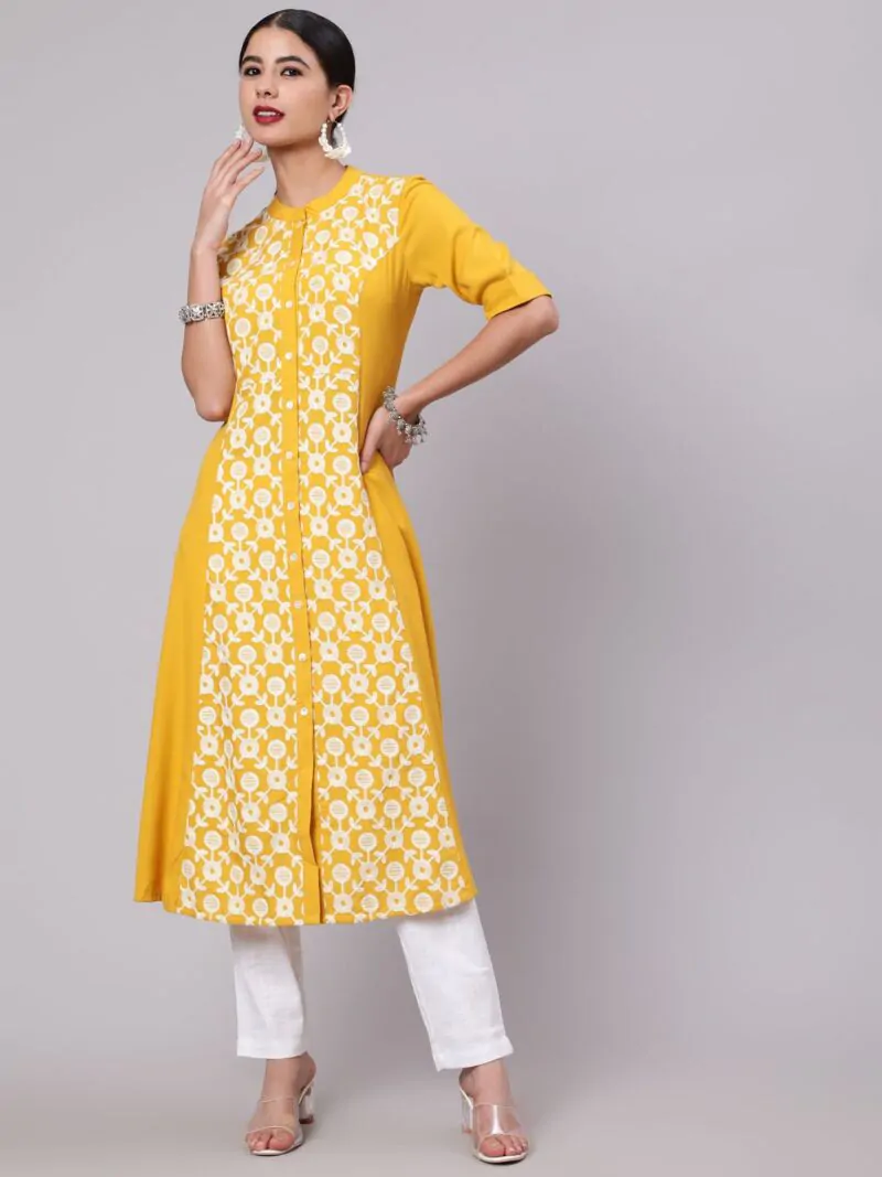 Yellow & White Embroidered Button Down A-Line Kurta