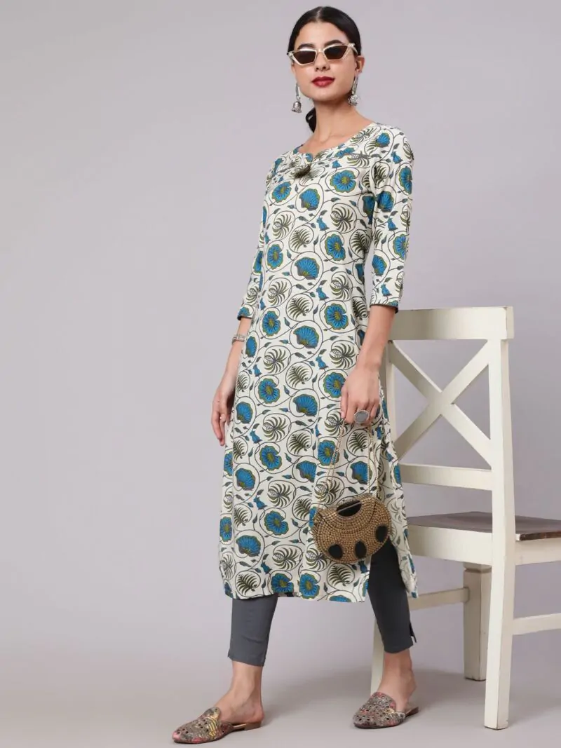 Cream & Blue Floral Printed Straight Kurta