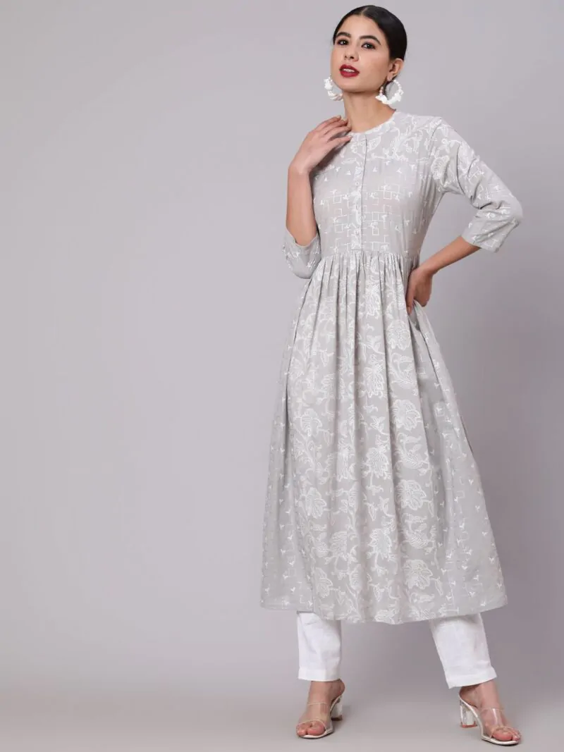 Grey & White Khari Printed Gathered Kurta