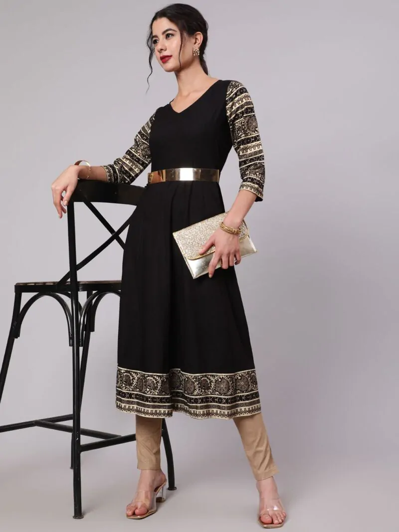 Black Solid Anarkali With Printed Sleeve & Border Detail