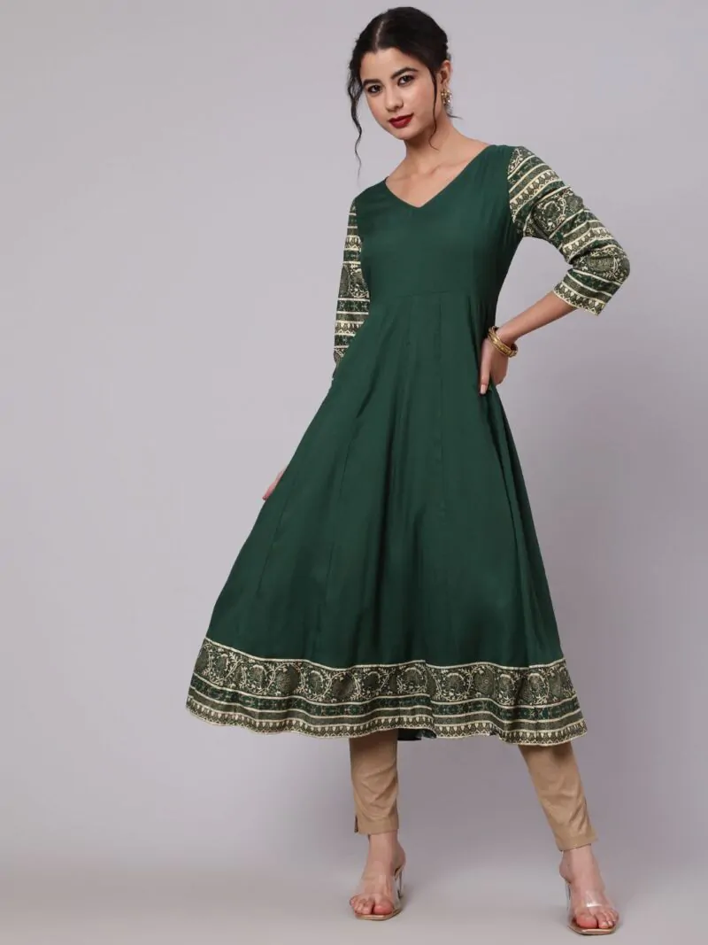 Dark Green Solid Anarkali With Printed Sleeve & Border Detail