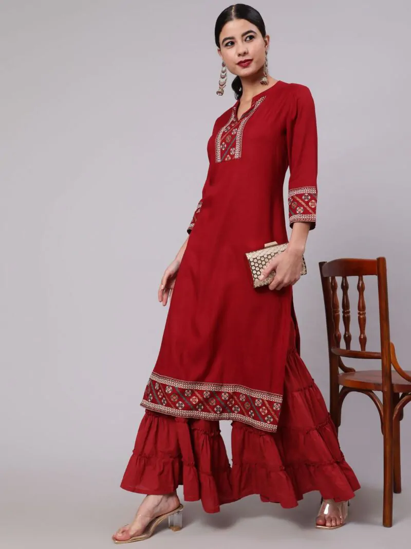 Maroon Solid Straight Kurta With Printed Border Details