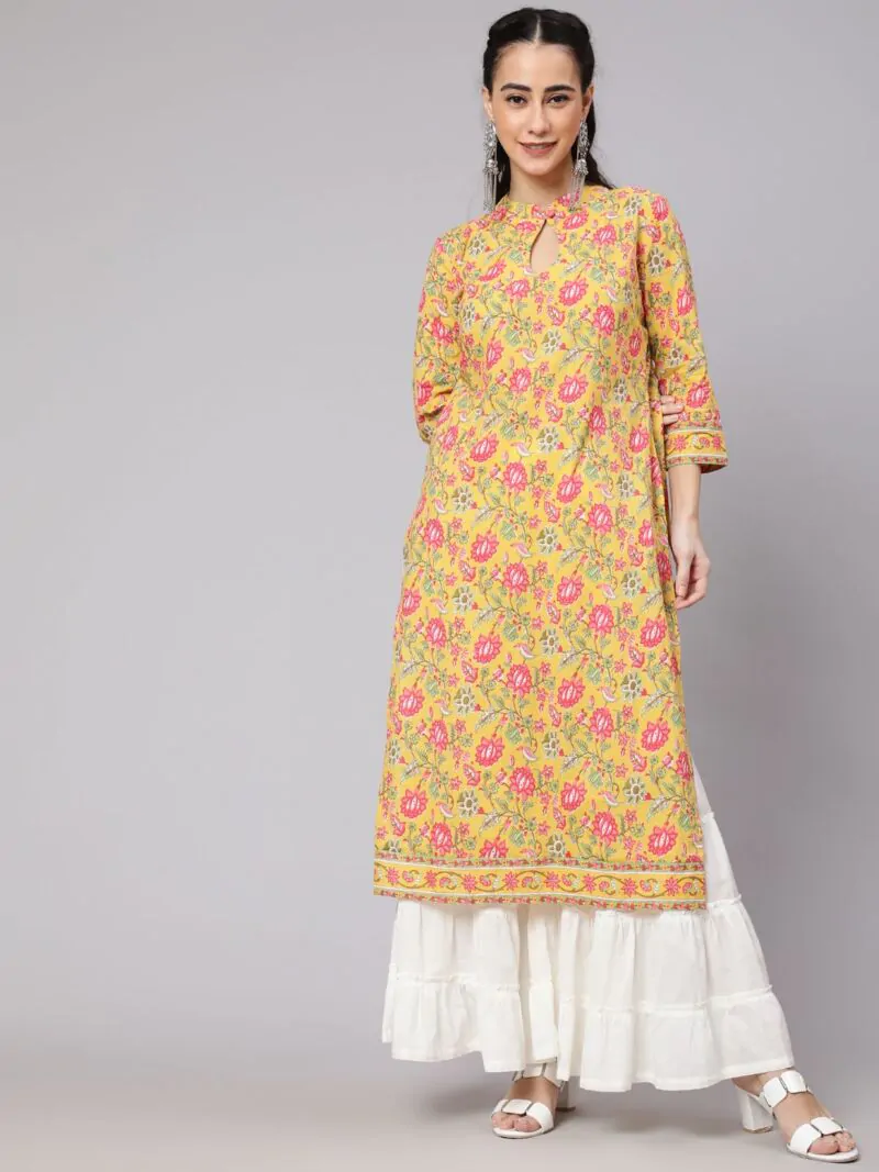 Yellow Floral Printed Straight Kurta