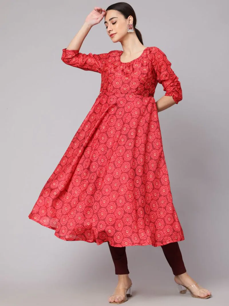 Red & Mustard Chanderi Digital Printed Anarkali
