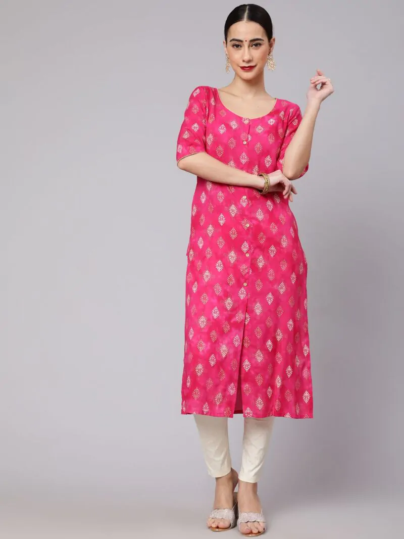 Pink & Gold Printed Button Down Kurta