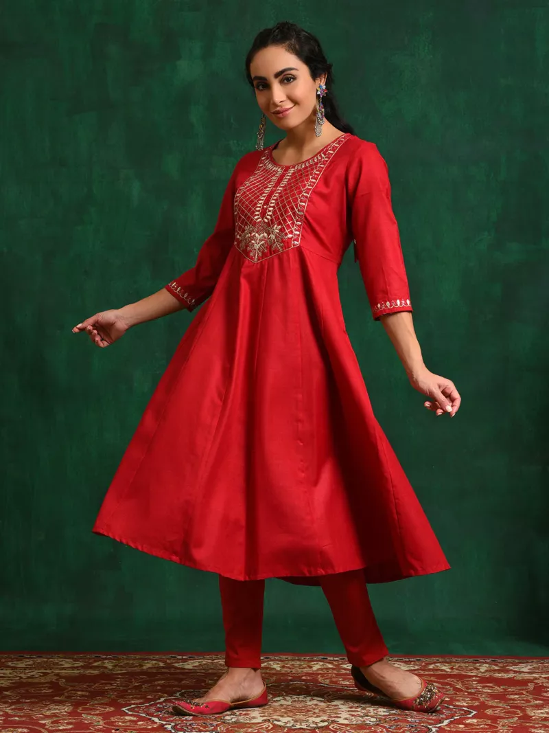 Women Festive Red Embroidered Anarkali Kurta