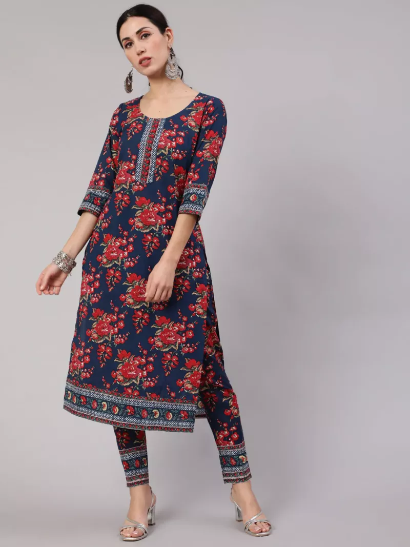 Women Navy Blue Floral Print Straight Kurta