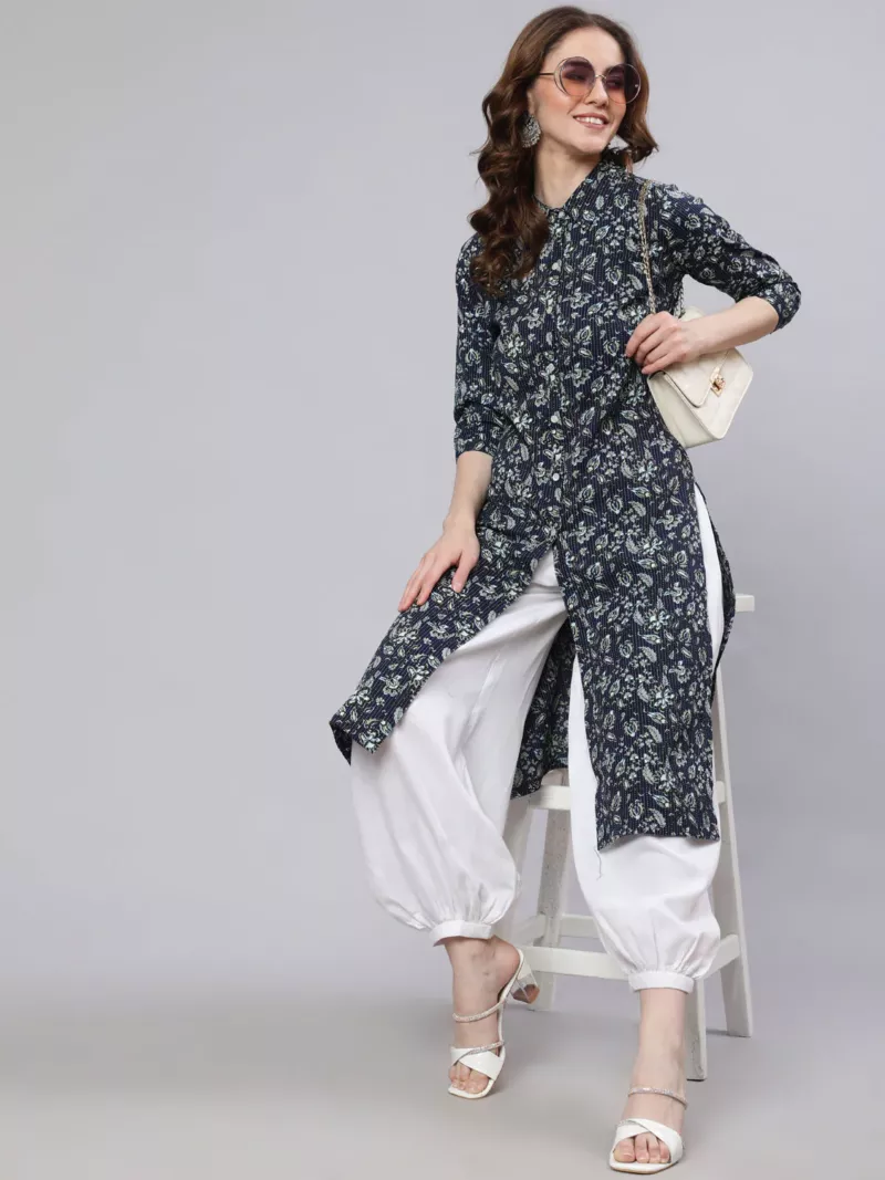 Navy Blue Floral Printed Button Down Kurta