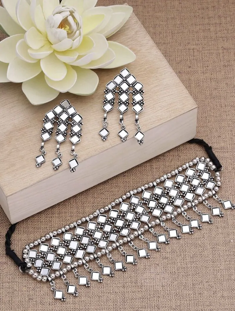 Women Mirror Work Silver Oxidized Jewellery Set