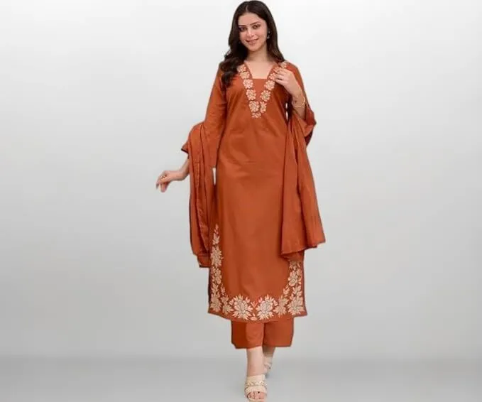 Women's Plus Size Rayon Orange Embroidered Kurta and pant set With Dupatta