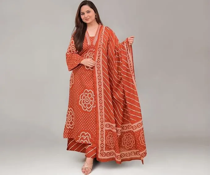 Women Pure Cotton Plus Size Kurta Pant Set with Dupatta,Bandhani Print Kurta Sets 