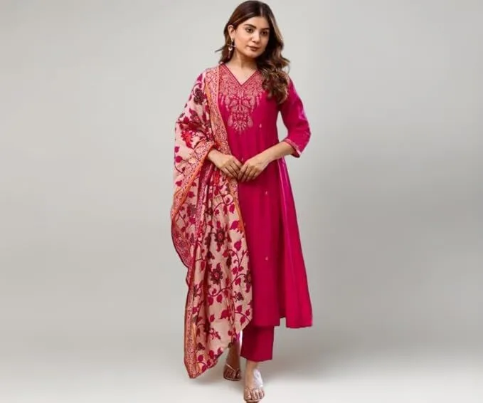 Women's Plus Size Silk Pink Embroidered Kurta with Pants And Dupatta