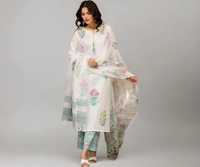 FABDIA Plus Size Women's Rayon Viscose Straight Printed Kurta with Pant & Dupatta Set
