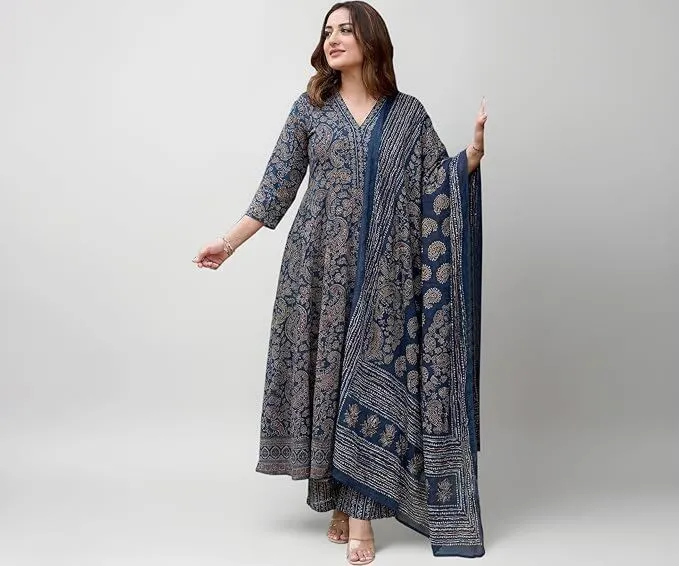 Women Plus Size Blue Printed Anarkali Kurta Palazzo Dupatta Set , Viscose Blend Ethnic Outfit 