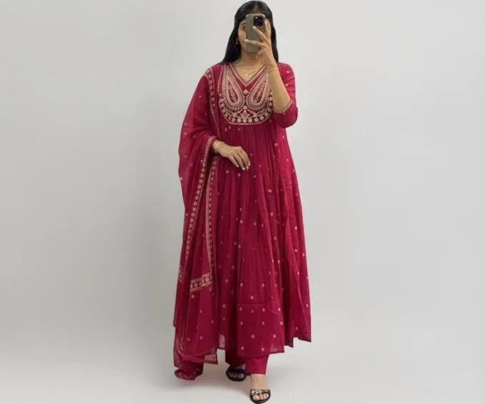 Women’s Plus Size Rayon Viscose Printed Embroidered Anarkali Kurta with Pant & Dupatta