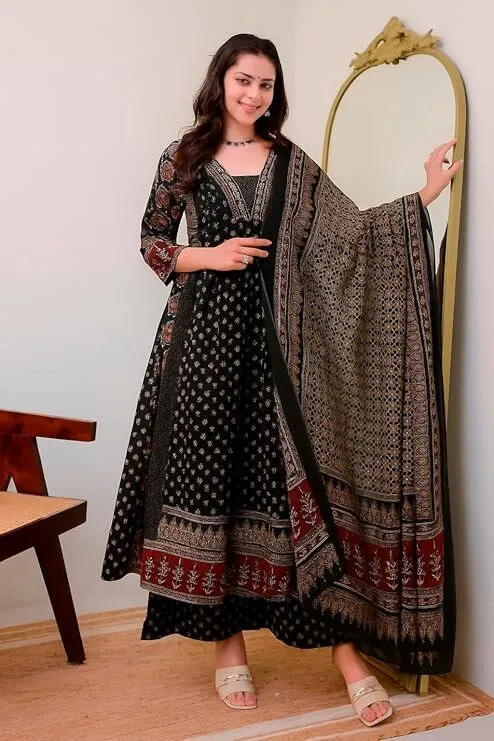 Women's Plus Size Rayon Printed Anarkali Black Kurta and Pant with Dupatta Set